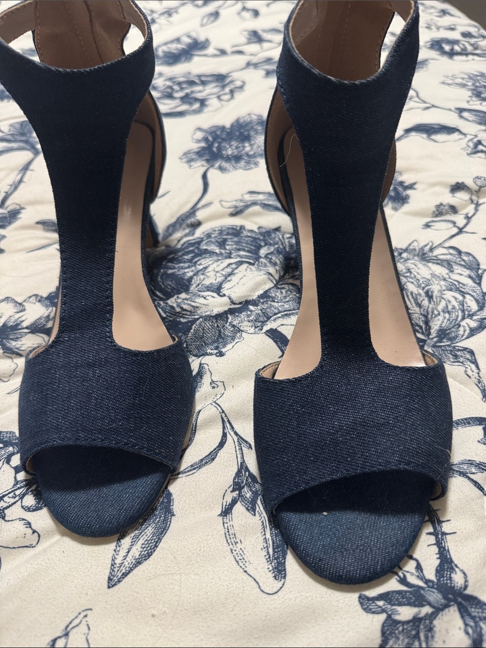 Denim T-Strap Open-Toe Heels - Dark Blue